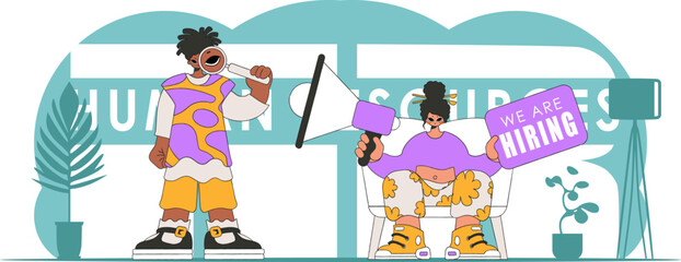 Stylized vector illustration of HR representative team. Stylish girl sits in a chair and holds a megaphone in her hand.
