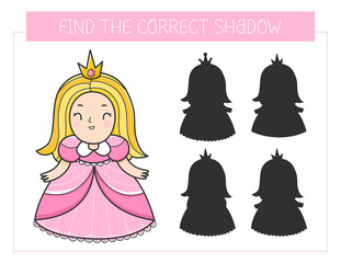 Find the correct shadow game with a princess. Educational game for children. Cute cartoon princess. Shadow matching game.