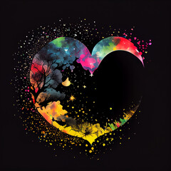 Silhouette of the moon with hearts, colorful on a black background - generative ai
