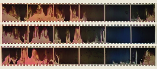 Old fashioned 35mm filmstrip or retro negative film with burned surface isolated on white. Real...