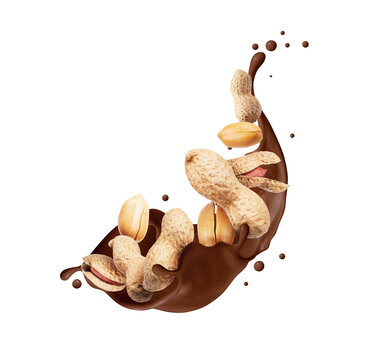 Cracked peanut in chocolate splashes on a white background