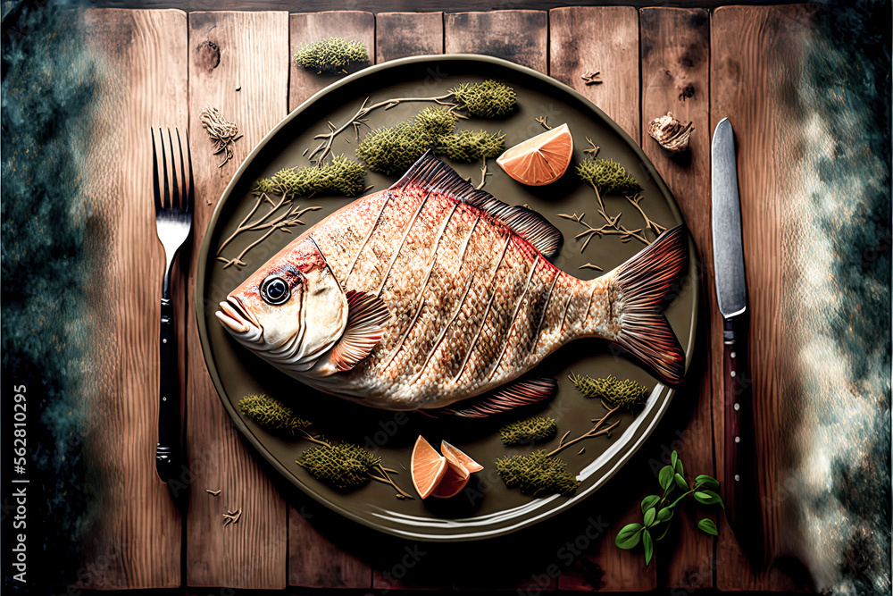Poster a plate with a fish on it - generative ai