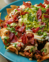 Rich nachos with meat and Italian sausage, 5 cheese sauce, guacamole, Mexican-style sour cream