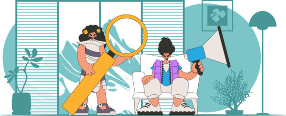 Vector illustration of HR representative team. A young woman sits in a chair and holds a megaphone in her hand.