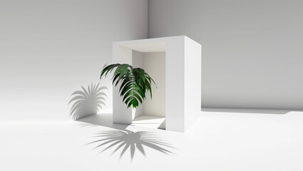 3D base podium, white background, with a palm tree on the side, studio interior, photography, illustration, 03