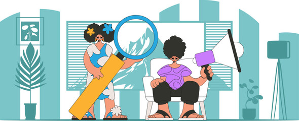 Vector illustration of HR representative team. Attractive woman is sitting in a chair and holding a megaphone.
