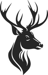 Minimalistic black and white vector logo depicting a deer with big antlers.
