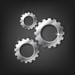 3d realistic vector icon illustration. Metal gears on dark grey background.