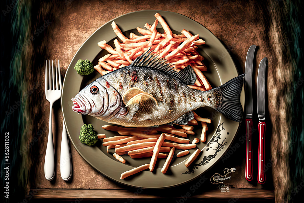 Poster a fish on a plate with a fork and knife - generative ai