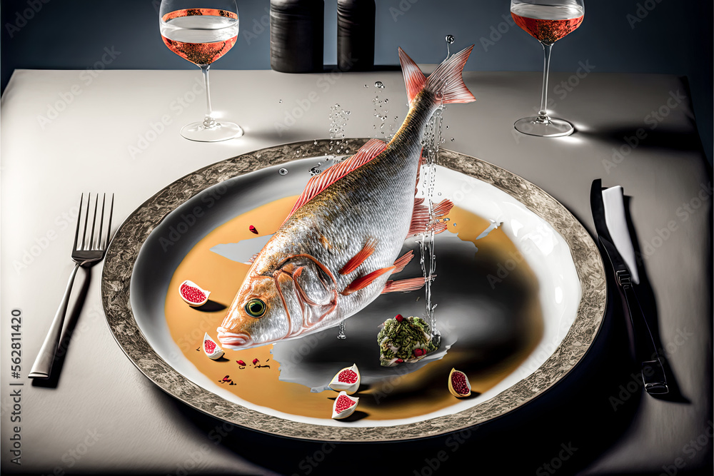 Poster a plate with a fish on it - generative ai
