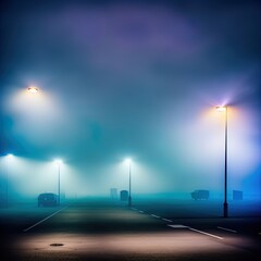 A foggy street, lit up by streetlights.