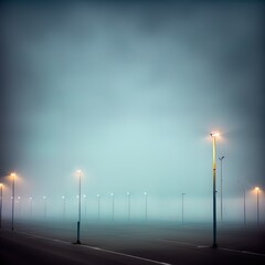 A foggy street, lit up by streetlights.