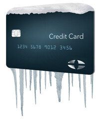 A credit card with snow on top and icicles below illustrates the idea of a credit freeze on a credit bureau account.