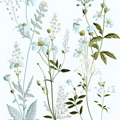 Flowers pattern, blue pastel colors illustration