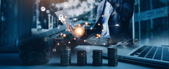 businessmen Fingerprint scanning and biometric authentication, processing of biometric for access personal data. surveillance and security scanning of digital programs cyber futuristic applications