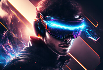 Young Man Wearing Virtual Reality Glasses, Neon Lights Metaverse Background, High-tech Futuristic, Generative AI