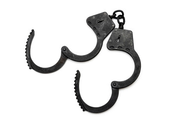 metal police handcuffs in black on a white background
