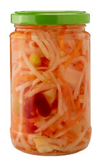 Pickled vegetable salad with white wine vinegar in glass jar