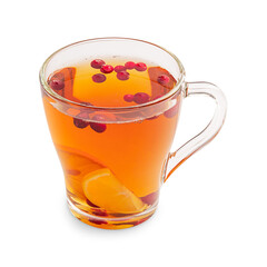 Hot homemade herbal vitamin tea with lemon citrus fruit slices and red cranberries served in transparent glass cup isolated on white background used as warming healthy organic drink for relaxation