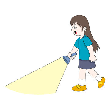 Kid Girl Is Walking In The Dark Using A Light Flashlight