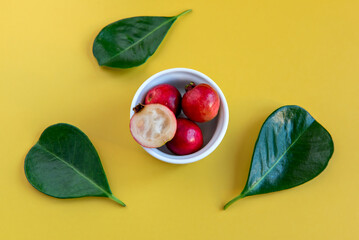 Leaf and Fruit Cattley guava, red fruit Psidium cattleyanum on yellow background