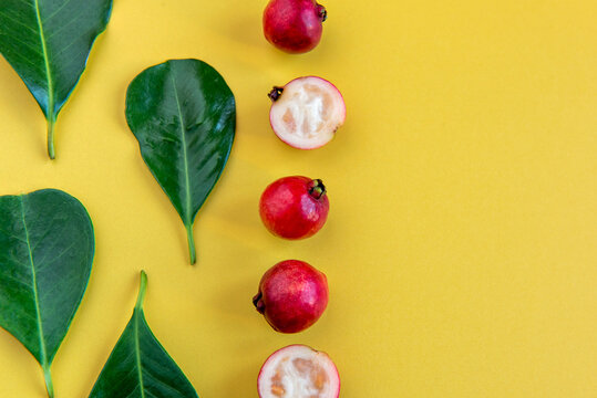 Leafs and Fruits Cattley guava, red fruits Psidium cattleyanum on yellow background