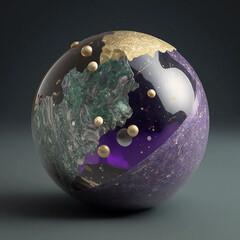 Purple, green and gold marble ball, multi-colored marble in a dark background, dramatic lighting, 3D marble