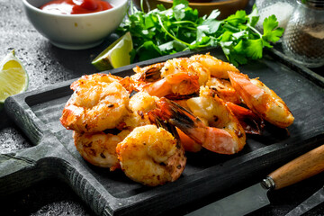 Delicious shrimps on the cutting Board.