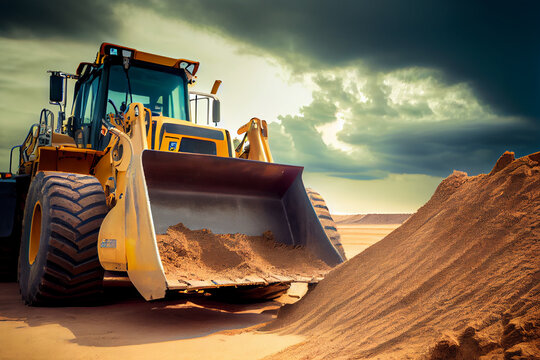 Ein Radlader in Aktion: Sandabbau auf einer Baustelle - Generative Ai
