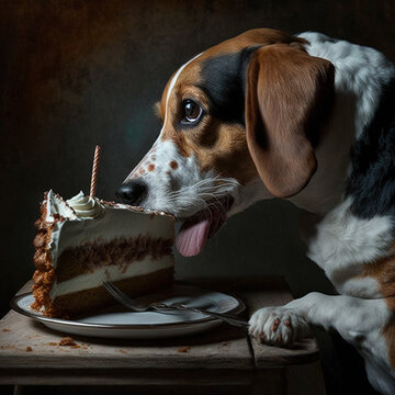 Beaglier Dog eating cake