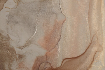 Soft wet watercolor paper texture painting wall. Abstract bronze, gold, nacre and beige marble copy...