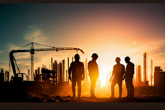 Ingenieure in Aktion: Ein Team auf einer Baustelle in Silhouette - Generative Ai
