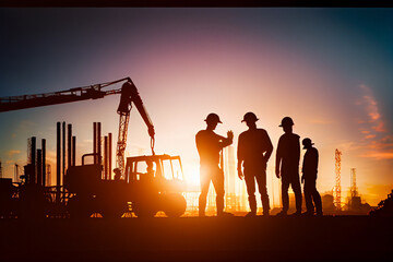 Fototapeta premium Ingenieure in Aktion: Ein Team auf einer Baustelle in Silhouette - Generative Ai