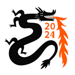 Vector illustration with black dragon, white stars and red fire flame. Chinese New Year 2024 symbol, year of the dragon, calendar print poster
