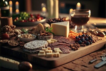 Fototapeta premium Beautiful Charcuterie Board with Meats, Cheeses, Crackers and Fruits. Generative AI.
