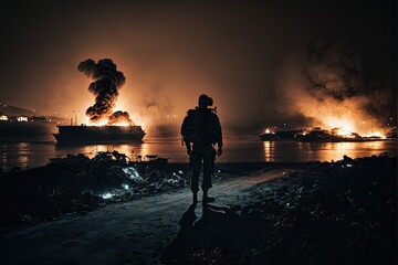 Modern Coastal War at Night: Island Battle Scene with Military Equipment and Troops. Generative AI.