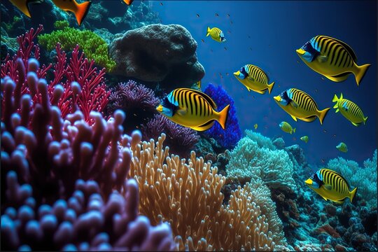 Underwater Oasis: School of Colorful Fish in a Coral Reef. Generative AI.