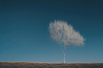 Lone White Birch Tree in Winter Landscap, Negative Space Clear Blue Sky. Generative AI.
