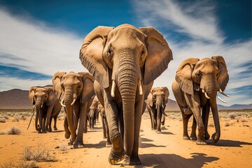 Herd of Wild Elephants in the African Savannah. Generative AI. - obrazy, fototapety, plakaty