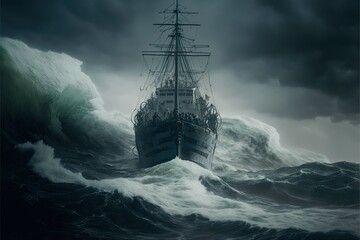 Obraz premium Haunted Ghost Ship in Stormy Seas. Generative AI.
