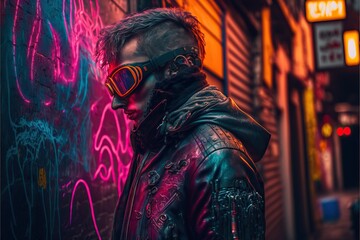 Fototapeta na wymiar Male Cyberpunk Character in Dark Alleyway with Graffiti-Covered Walls. Generative AI.