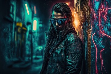 Obraz na płótnie Canvas Male Cyberpunk Character in Dark Alleyway with Graffiti-Covered Walls. Generative AI.
