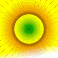 multicolored blends abstract spikes with glowing rings caricature of alien star or planet on yellow square background
