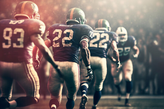 American football players running on a field seen from behind AI generative technology