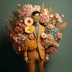 Abstract retro portrait of a man who instead of a face has a huge bouquet of fresh flowers that he wants to give to his woman. Vintage illustration. Generative AI.