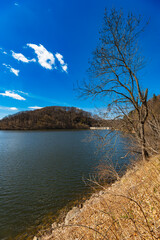 Beautiful landscape of Bystrzyckie lake and Water dam on Bystrzyca river