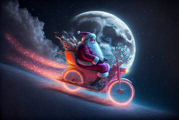 Santa Claus traveling at full speed through the cosmos with the moon in the background
