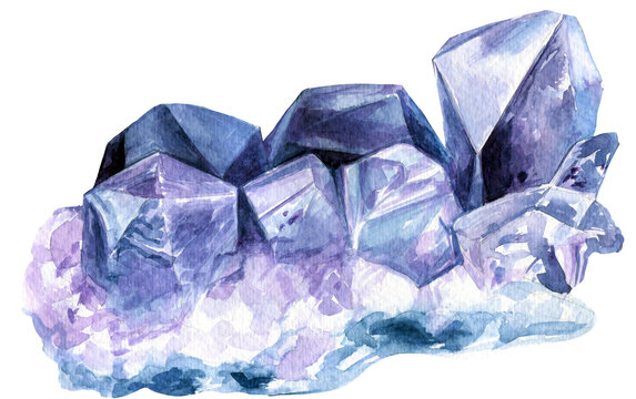 Amethyst crystals cluster watercolor illustration isolated elements 600 dpi PNG,  clip art, clipart, painting, purple mineral gemstone crystal bohemian art, healing crystal, 