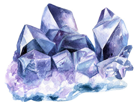 Amethyst crystals cluster watercolor illustration isolated elements 600 dpi PNG,  clip art, clipart, painting, purple mineral gemstone crystal bohemian art, healing crystal, 