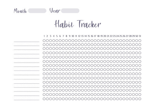 Vector Modern colorful habit tracker printable template with colorful elements. Habits tracker for month. Blank white notebook page A4